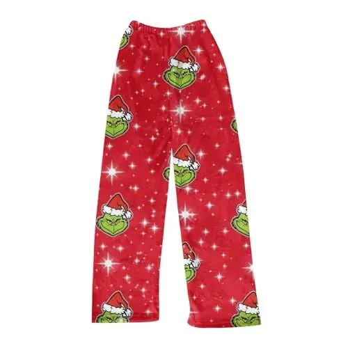 Produktbild: 𝑮𝒓𝒊𝒏𝒄𝒉 Thermohose Damen Winter Schlafanzughose Weihnachten Weite Jogginghose Damen Weihnachts Pyjama Mädchen Flauschige Hose Damen Schlafanzug Damen Karo Hose Damen Rot X2